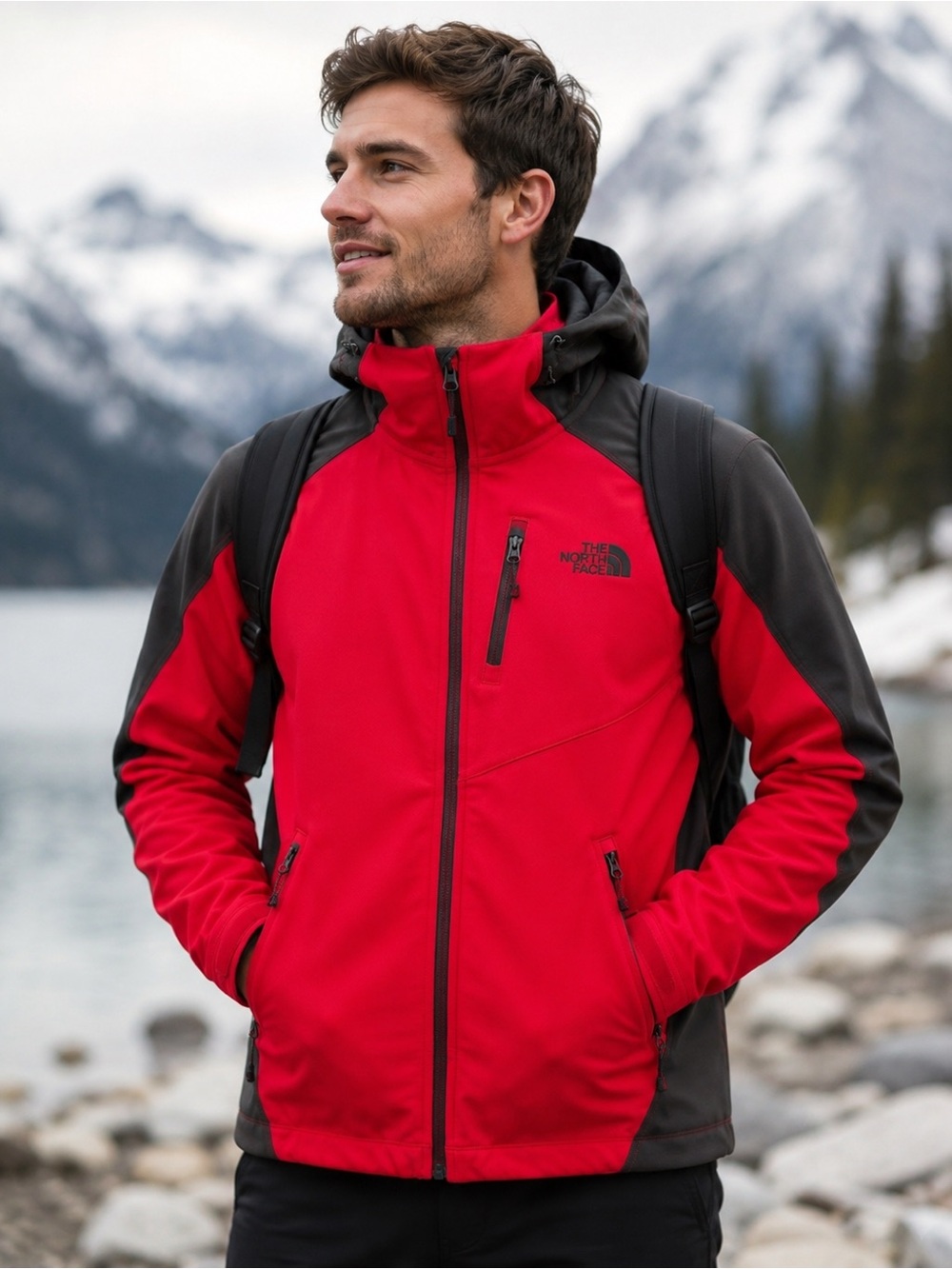 The North Face Mens Soft Shell Hoodie Red Gray Jacket Size Small